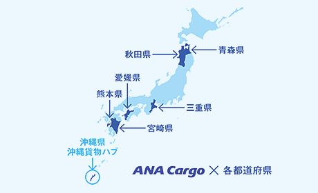 イラスト：ANA Cargoが連携している都道府県を表す図。青森県、秋田県、三重県、愛媛県、熊本県、宮崎県。沖縄県に沖縄貨物ハブがある。